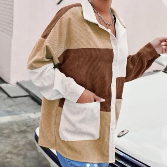 Tops - Brown and White Corduroy Collared Button Down Shirt | Brand New Size M